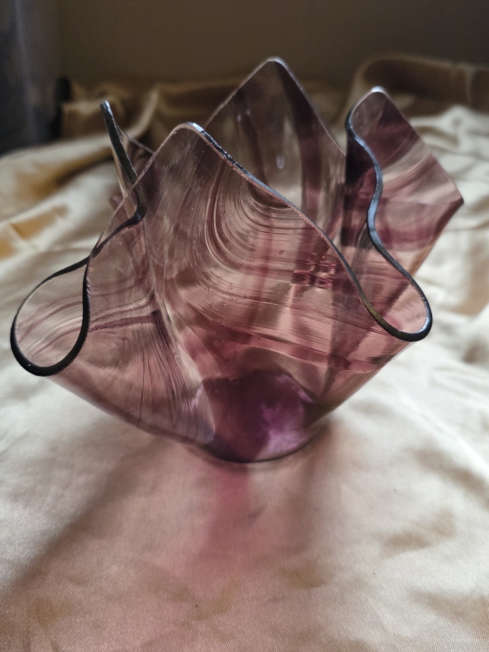 Handblown Murino Style Purple Ribbon Ruffled Art Glass Bowl